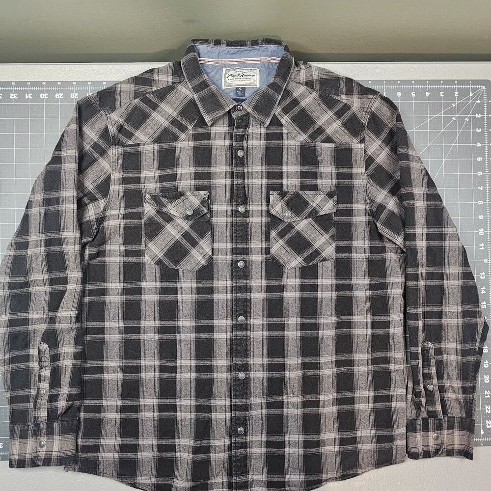 Flag And Anthem Shirt Mens XL Plaid Western Snap Work Outdoors Preppy Thick Gray